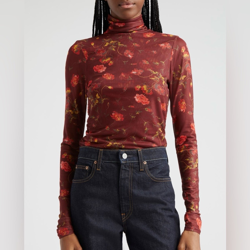Cinq a sept falling poppies mesh turtleneck top